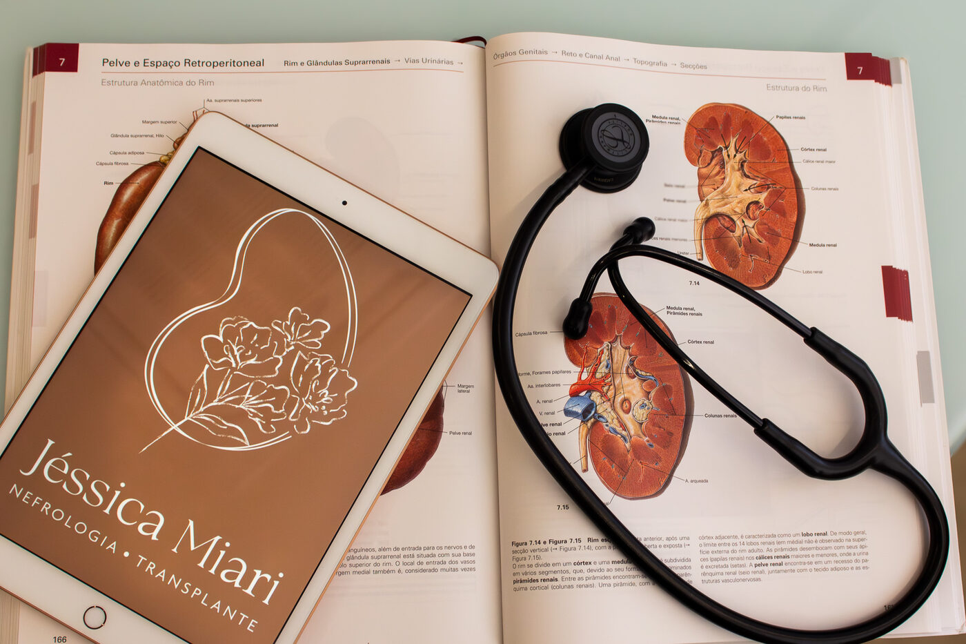 Atlas de anatomia aberto na estrutura do rim, com estetoscópio e o tablet com a marca da Dra. Jéssica Miari